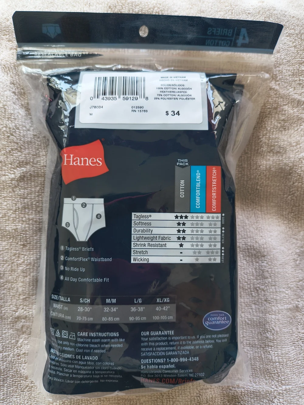 Hanes Men’s Black Tagless Briefs - Black (4 Pack)